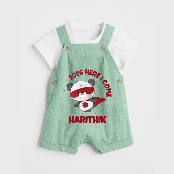 2026 HERE I COME – SUPER PANDA | Personalised Dungaree for Kids - MINT GREEN - 0 - 5 Months Old (Chest 18")