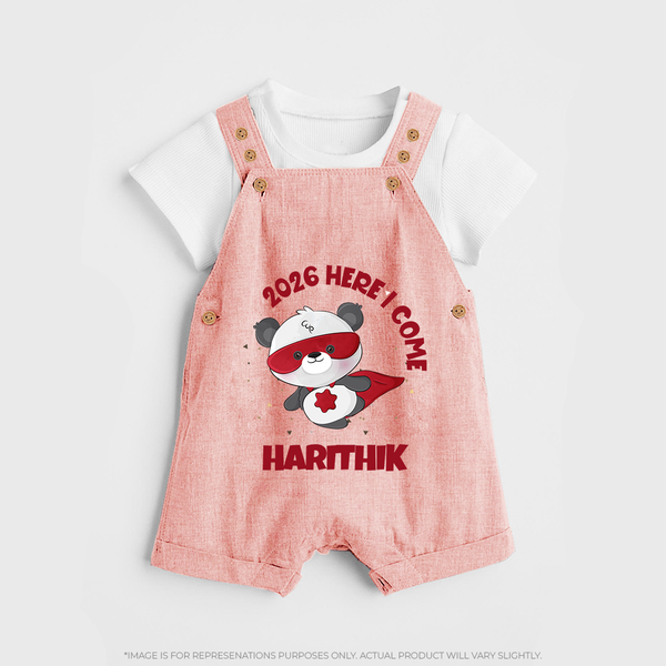 2026 HERE I COME – SUPER PANDA | Personalised Dungaree for Kids - PEACH - 0 - 5 Months Old (Chest 18")