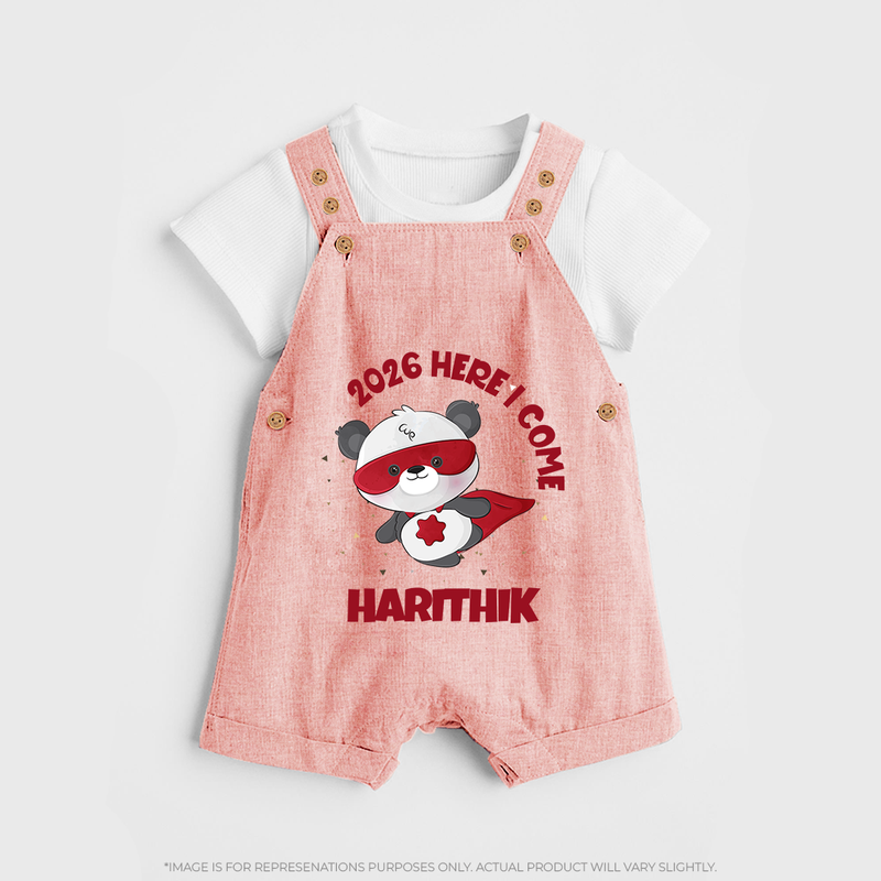 2026 HERE I COME – SUPER PANDA | Personalised Dungaree for Kids - PEACH - 0 - 5 Months Old (Chest 18")