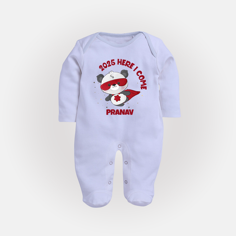 "2025 Here, I come" - New Year Themed Customized Sleep Suit For Babies With Name - BABY BLUE - New Born (Chest 7.5")