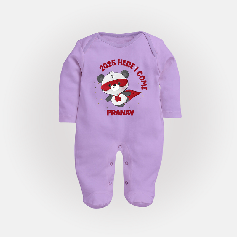 "2025 Here, I come" - New Year Themed Customized Sleep Suit For Babies With Name - LILAC - New Born (Chest 7.5")