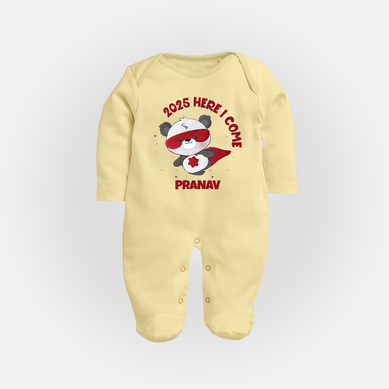 "2025 Here, I come" - New Year Themed Customized Sleep Suit For Babies With Name - PASTEL YELLOW - New Born (Chest 7.5")