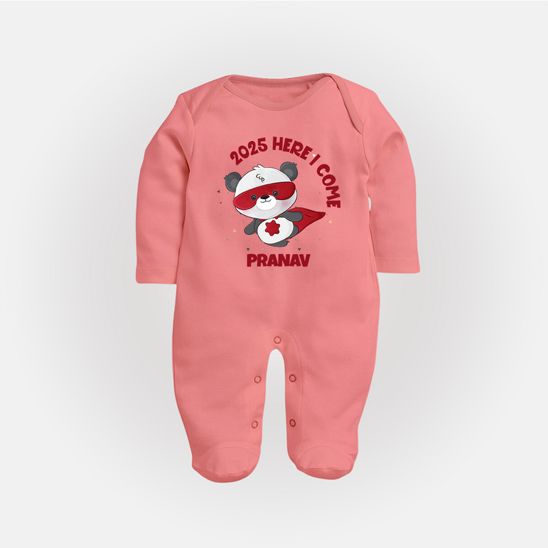 "2025 Here, I come" - New Year Themed Customized Sleep Suit For Babies With Name - PEACH - New Born (Chest 7.5")