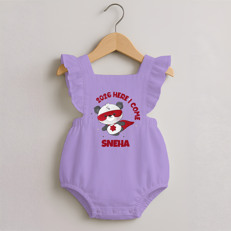 2026 HERE I COME – SUPER PANDA | Personalised Romper Frock for Girls - LILAC - 0 - 3 Months Old (Chest 19")