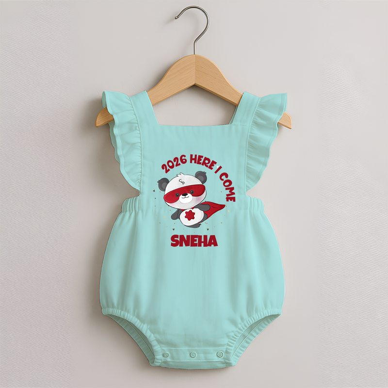 2026 HERE I COME – SUPER PANDA | Personalised Romper Frock for Girls - MINT GREEN - 0 - 3 Months Old (Chest 19")