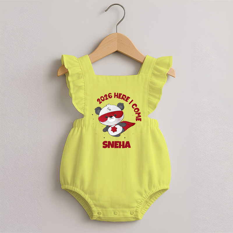 2026 HERE I COME – SUPER PANDA | Personalised Romper Frock for Girls - PASTEL YELLOW - 0 - 3 Months Old (Chest 19")