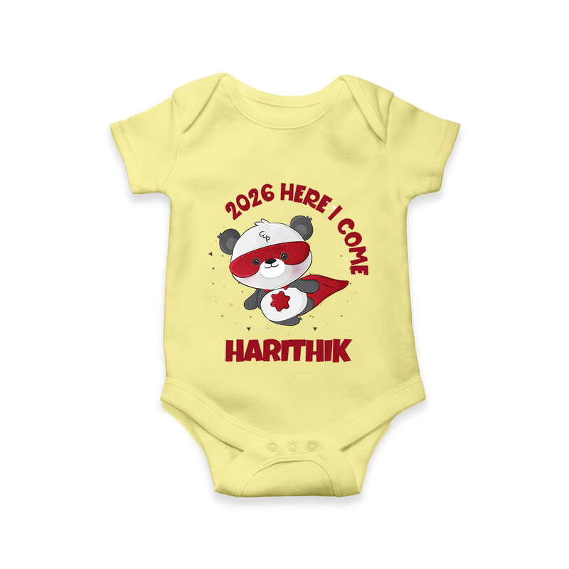 2026 HERE I COME – SUPER PANDA | Personalised Romper for Kids - PASTEL YELLOW - New Born (Chest 14")