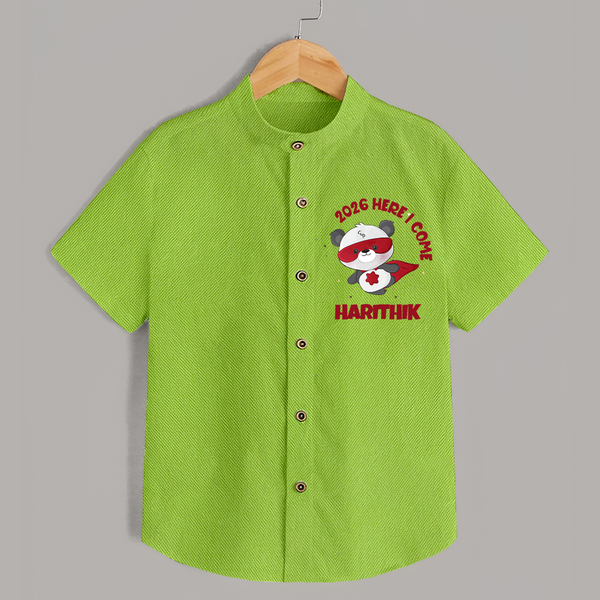 2026 HERE I COME – SUPER PANDA | Personalised Shirt for Kids - LIME GREEN - 0 - 6 Months Old (Chest 23")