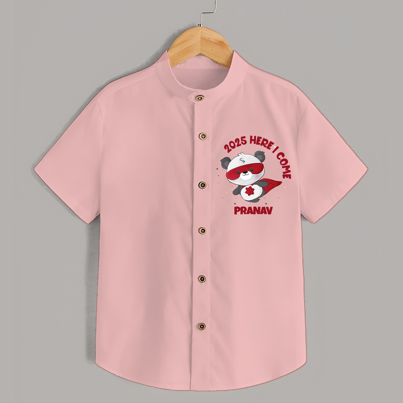 "2025 Here, I come" - New Year Themed Customized Shirt For Kids With Name - PEACH - 0 - 6 Months Old (Chest 23")