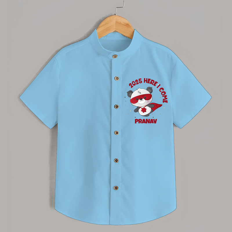 "2025 Here, I come" - New Year Themed Customized Shirt For Kids With Name - SKY BLUE - 0 - 6 Months Old (Chest 23")