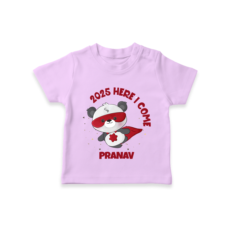 "2025 Here, I come" - New Year Themed Customized T-Shirt For Kids With Name - LILAC - 0-5 Months Old (Chest 17")