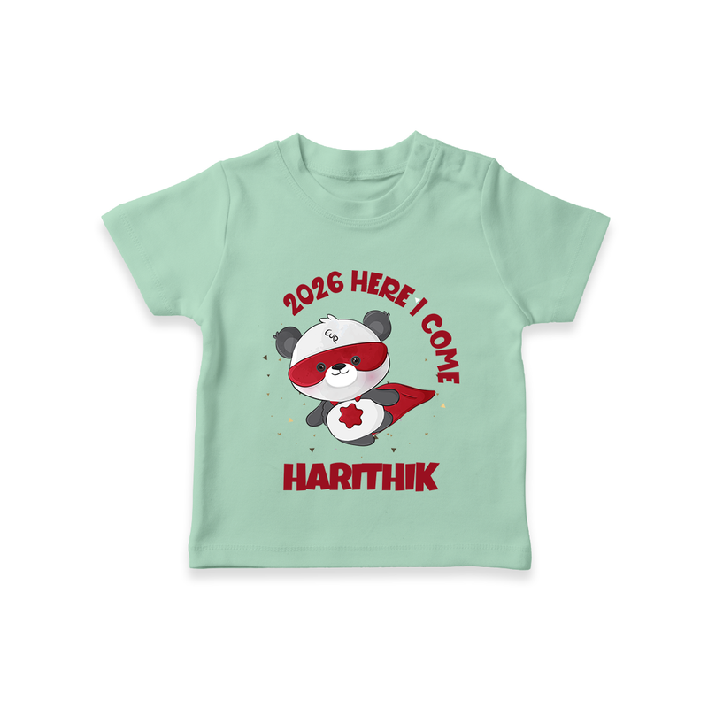 2026 HERE I COME – SUPER PANDA | Personalised T-Shirt for Kids - MINT GREEN - 0-5 Months Old (Chest 17")
