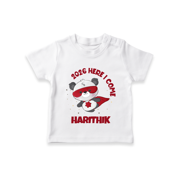 2026 HERE I COME – SUPER PANDA | Personalised T-Shirt for Kids - WHITE - 0-5 Months Old (Chest 17")