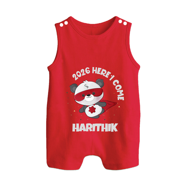 2026 HERE I COME – SUPER PANDA | Personalised Romper Suit   - RED - 0 - 5 Months Old (Chest 18")