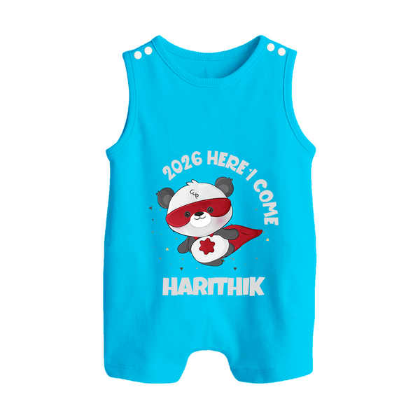 2026 HERE I COME – SUPER PANDA | Personalised Romper Suit   - SKY BLUE - 0 - 5 Months Old (Chest 18")