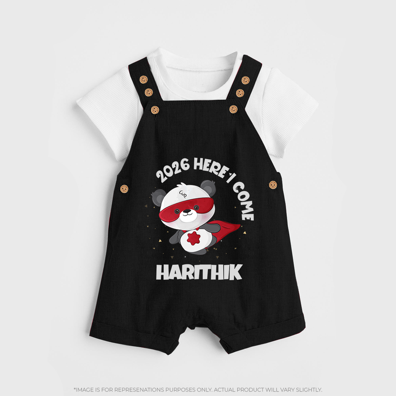 2026 HERE I COME – SUPER PANDA | Personalised Dungaree for Kids - BLACK - 0 - 5 Months Old (Chest 18")