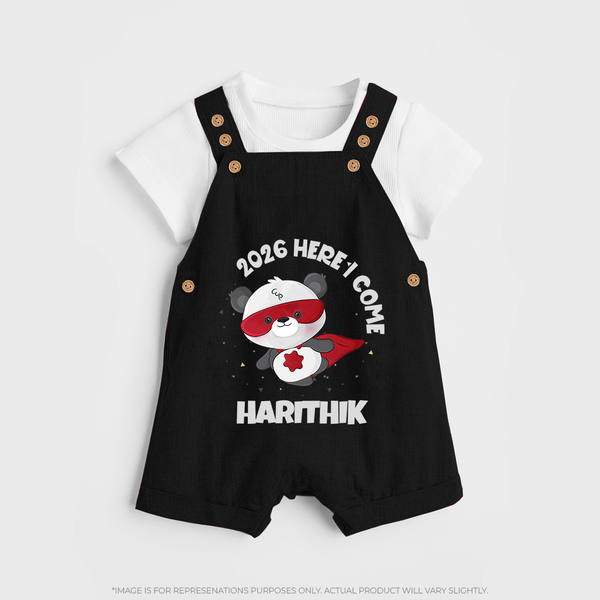 2026 HERE I COME – SUPER PANDA | Personalised Dungaree for Kids - BLACK - 0 - 5 Months Old (Chest 18")
