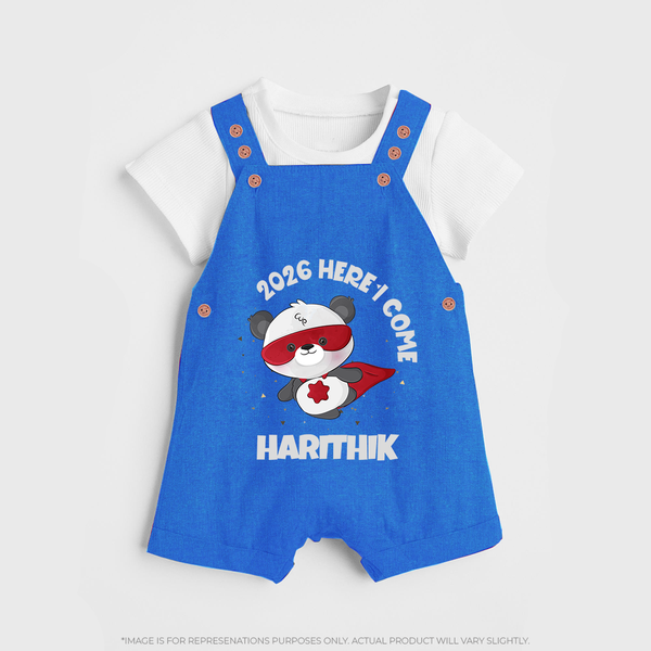 2026 HERE I COME – SUPER PANDA | Personalised Dungaree for Kids - COBALT BLUE - 0 - 5 Months Old (Chest 18")