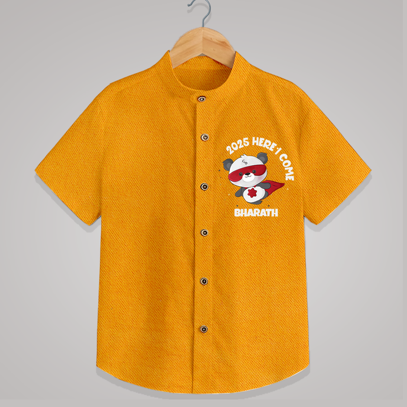 "2025 Here, I come" - New Year Themed Customized Shirt For Kids With Name - CHROME YELLOW - 0 - 6 Months Old (Chest 23")