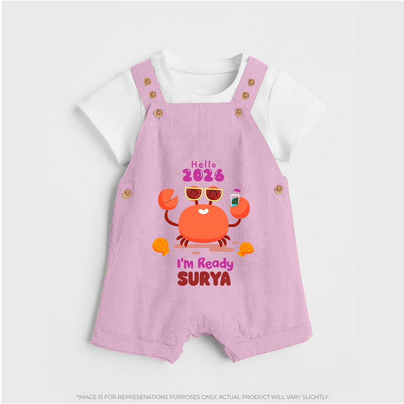 Hello 2026 Crab Design| Customized Dungaree for Kids - BABY PINK - 0 - 5 Months Old (Chest 18")