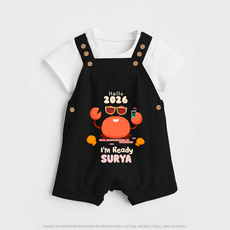 Hello 2026 Crab Design| Customized Dungaree for Kids - BLACK - 0 - 5 Months Old (Chest 18")