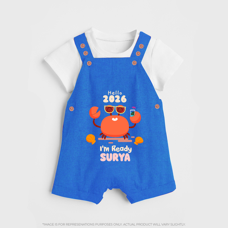 Hello 2026 Crab Design| Customized Dungaree for Kids - COBALT BLUE - 0 - 5 Months Old (Chest 18")