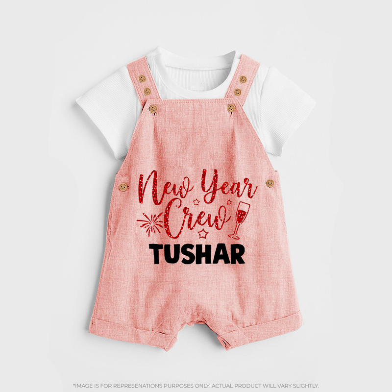 New Year Crew Gold Glitter| Customized Dungaree for Kids - PEACH - 0 - 5 Months Old (Chest 18")