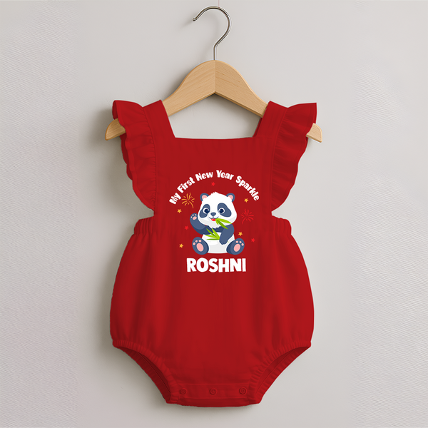 My First New Year Sparkle – Panda Theme | Personalised Romper Frock for Girls - RED - 0 - 3 Months Old (Chest 19")