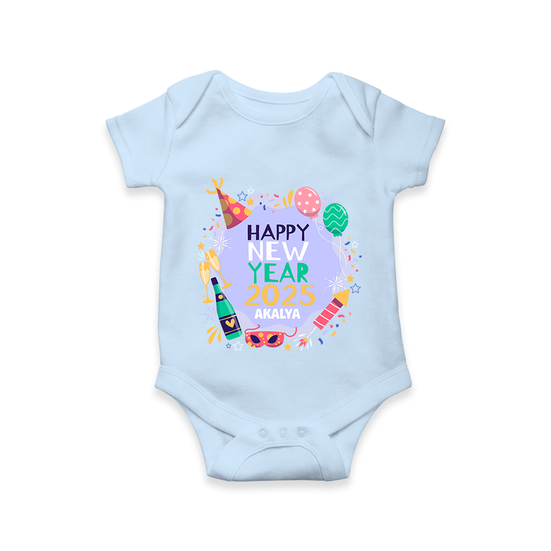 "Happy New Year 2025 - Treasured Moments With Our Customized Romper for Babies With Name" - BABY BLUE - 0 - 3 Months Old (Chest 16")