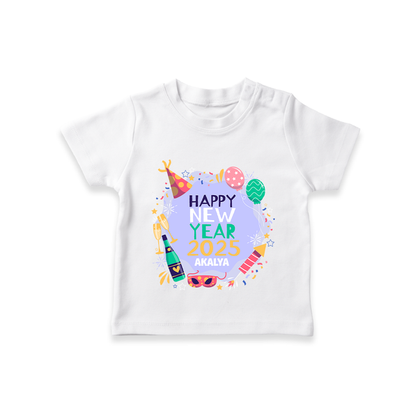 "Happy New Year 2025 - Treasured Moments With Our Customized T-Shirt for Kids With Name" - WHITE - 0-5 Months Old (Chest 17")