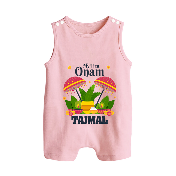 My First Onam Festive Nilavilakku & Banana Leaf Button Romper - BABY PINK - New Born (Chest 18")
