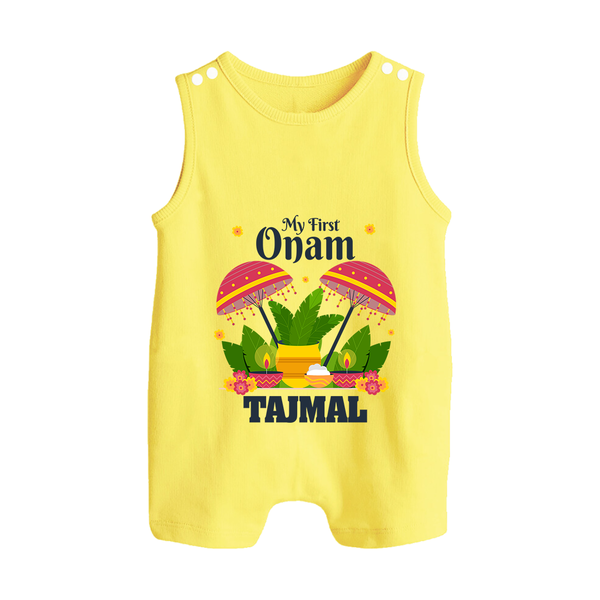 My First Onam Festive Nilavilakku & Banana Leaf Button Romper - PASTEL YELLOW - New Born (Chest 18")
