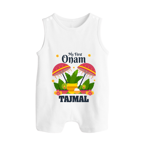 My First Onam Festive Nilavilakku & Banana Leaf Button Romper - WHITE - New Born (Chest 18")