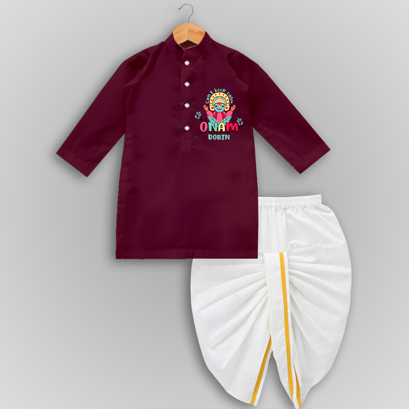 Can't Keep Calm Its Onam - Customised Drapped Dhoti for kids - MAROON - 0-6 Month Old (Chest 24", Kurta Length 14" , Waist 19", Dhoti Length 14")