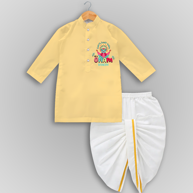 Can't Keep Calm Its Onam - Customised Drapped Dhoti for kids - YELLOW - 0-6 Month Old (Chest 24", Kurta Length 14" , Waist 19", Dhoti Length 14")