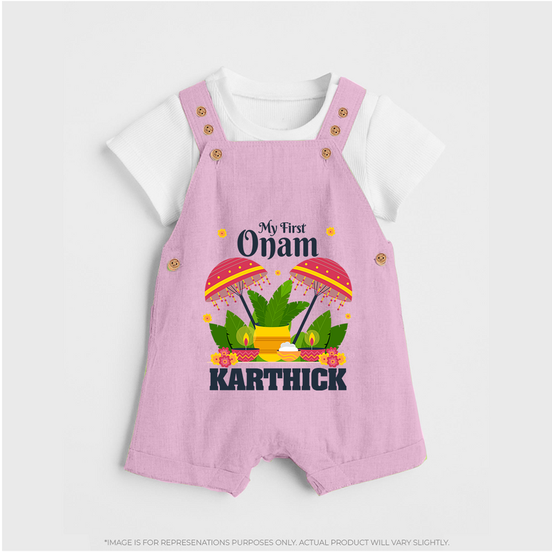 My First Onam Dungaree Set | Personalized Baby Dungaree Set for Your Little One's First Onam - BABY PINK - 0 - 5 Months Old (Chest 18")