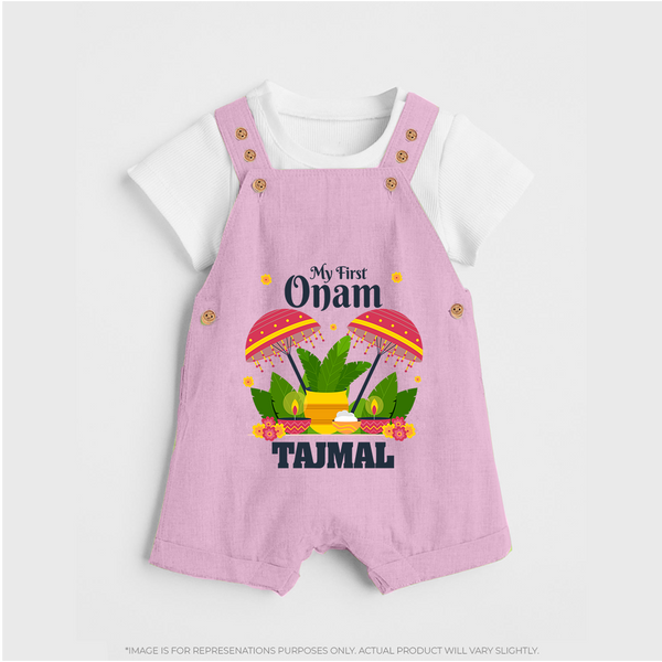 My First Onam Festive Nilavilakku & Banana Leaf Dungaree - BABY PINK - 0 - 5 Months Old (Chest 18")