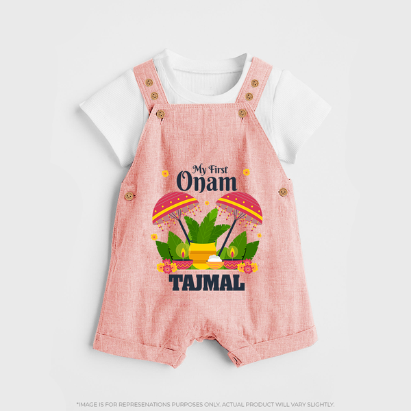 My First Onam Festive Nilavilakku & Banana Leaf Dungaree - PEACH - 0 - 5 Months Old (Chest 18")