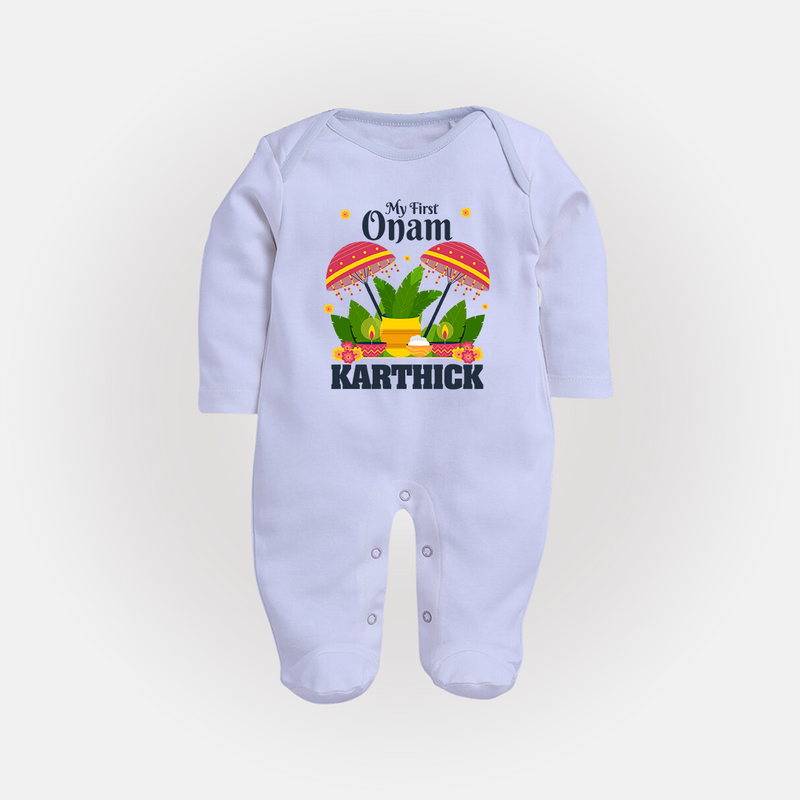 My First Onam Sleep Suit | Personalized Baby Sleep Suit for Your Little One's First Onam - BABY BLUE - New Born (Chest 7.5")