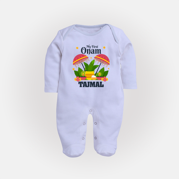 My First Onam Festive Nilavilakku & Banana Leaf Full Body Suit - BABY BLUE - New Born (Chest 7.5")