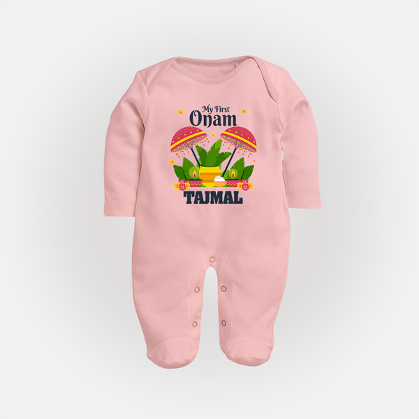 My First Onam Festive Nilavilakku & Banana Leaf Full Body Suit - BABY PINK - New Born (Chest 7.5")