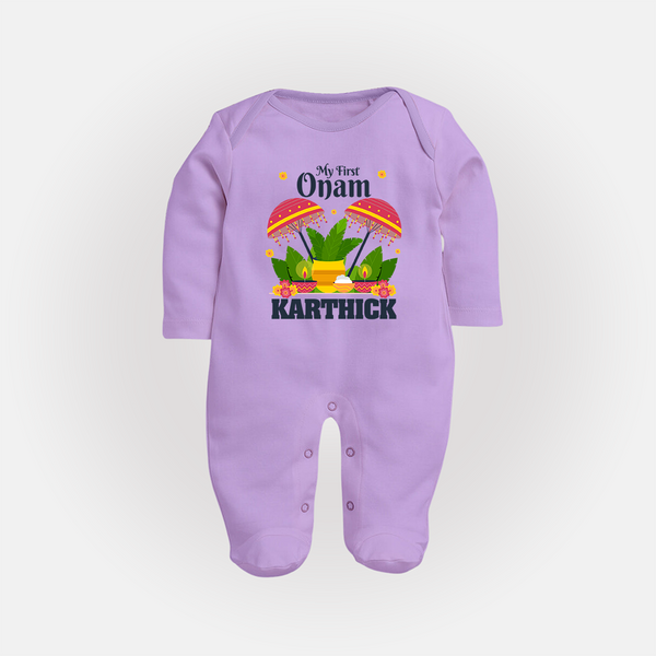 My First Onam Sleep Suit | Personalized Baby Sleep Suit for Your Little One's First Onam - LILAC - New Born (Chest 7.5")