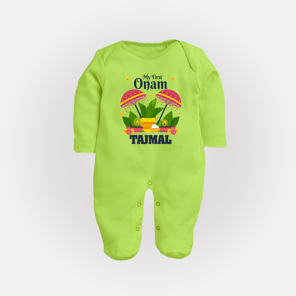 My First Onam Festive Nilavilakku & Banana Leaf Full Body Suit - LIME GREEN - New Born (Chest 7.5")