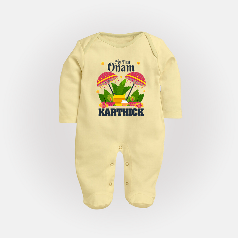 My First Onam Sleep Suit | Personalized Baby Sleep Suit for Your Little One's First Onam - PASTEL YELLOW - New Born (Chest 7.5")