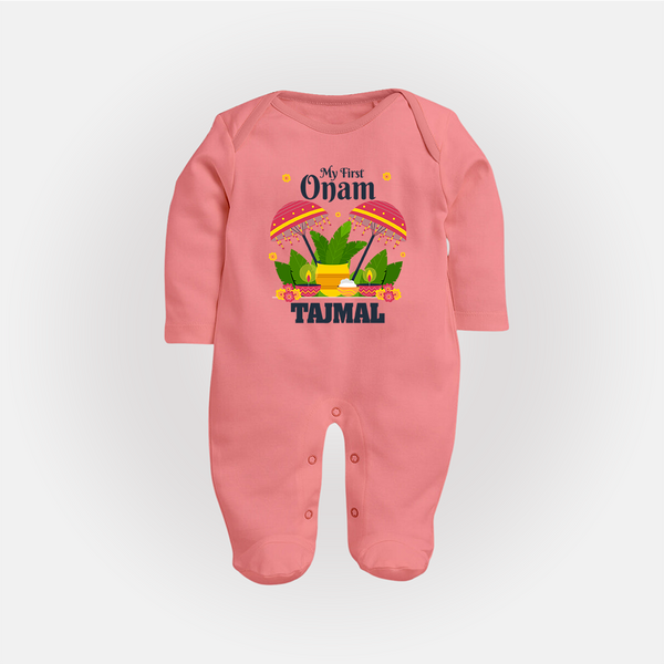 My First Onam Festive Nilavilakku & Banana Leaf Full Body Suit - PEACH - New Born (Chest 7.5")