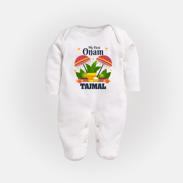 My First Onam Festive Nilavilakku & Banana Leaf Full Body Suit - WHITE - New Born (Chest 7.5")