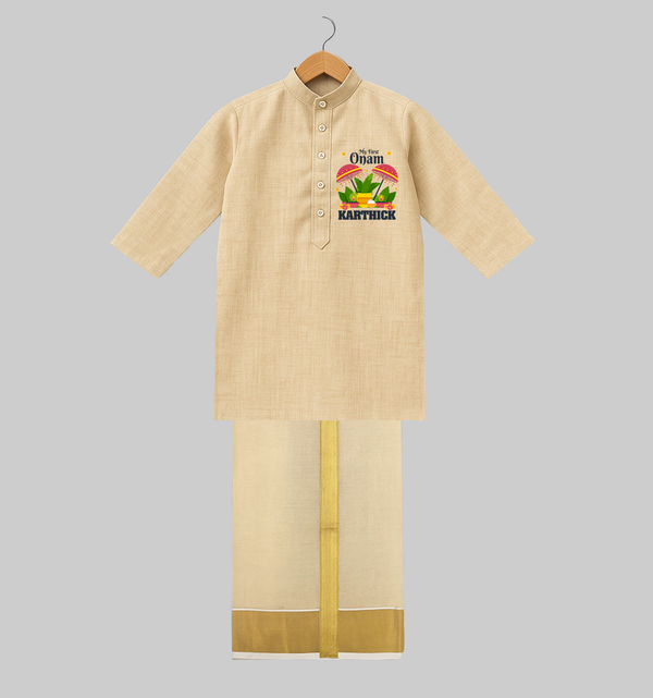My First Onam Juba And Mundu | Personalized Baby Juba And Mundu for Your Little One's First Onam - KASAVU - 3 - 6 Months Old (Chest 24", Kurta Length 14'', Dhoti length-14")