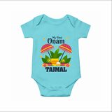 My First Onam Festive Nilavilakku & Banana Leaf Romper - ARCTIC BLUE - New Born (Chest 14")