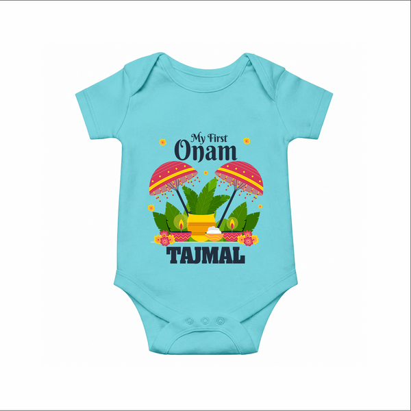 My First Onam Festive Nilavilakku & Banana Leaf Romper - ARCTIC BLUE - New Born (Chest 14")