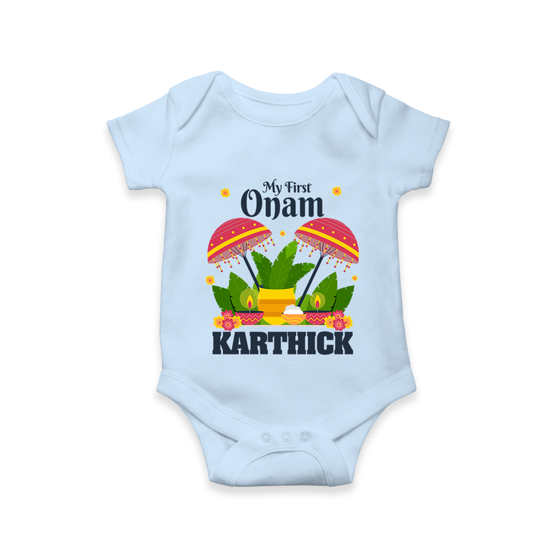 My First Onam Romper / Onesie | Personalized Baby Romper / Onesie for Your Little One's First Onam - BABY BLUE - New Born (Chest 14")
